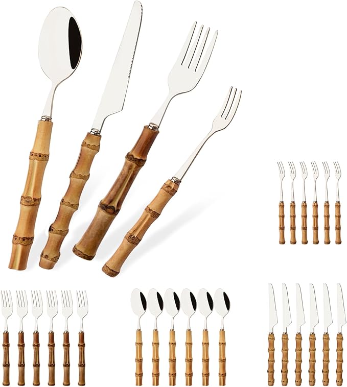 Mirror Polished Silverware Set for 6 - Bamboo Handle Cutlery Set - Stainless Steel Flatware Serving Set for Home Restaurant Wedding and Parties - 24 Pieces Eating Utensils