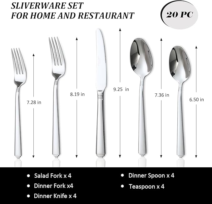 Lorena Flatware Set for 4, 20-Pieces Stainless Steel Silverware Sets Service for 4, 20 Pcs Flugh Cutlery Set Fork Knife Spoon Set,Dishwasher Safe