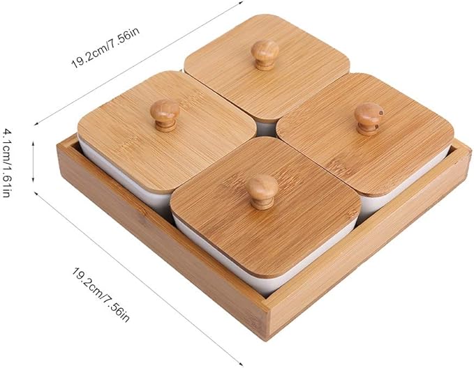 Ceramic Appetizer Serving Plate with Bamboo Tray, Ideal for Fruits, Nuts, Desserts, Modern Design(4 Compartment-9cm)