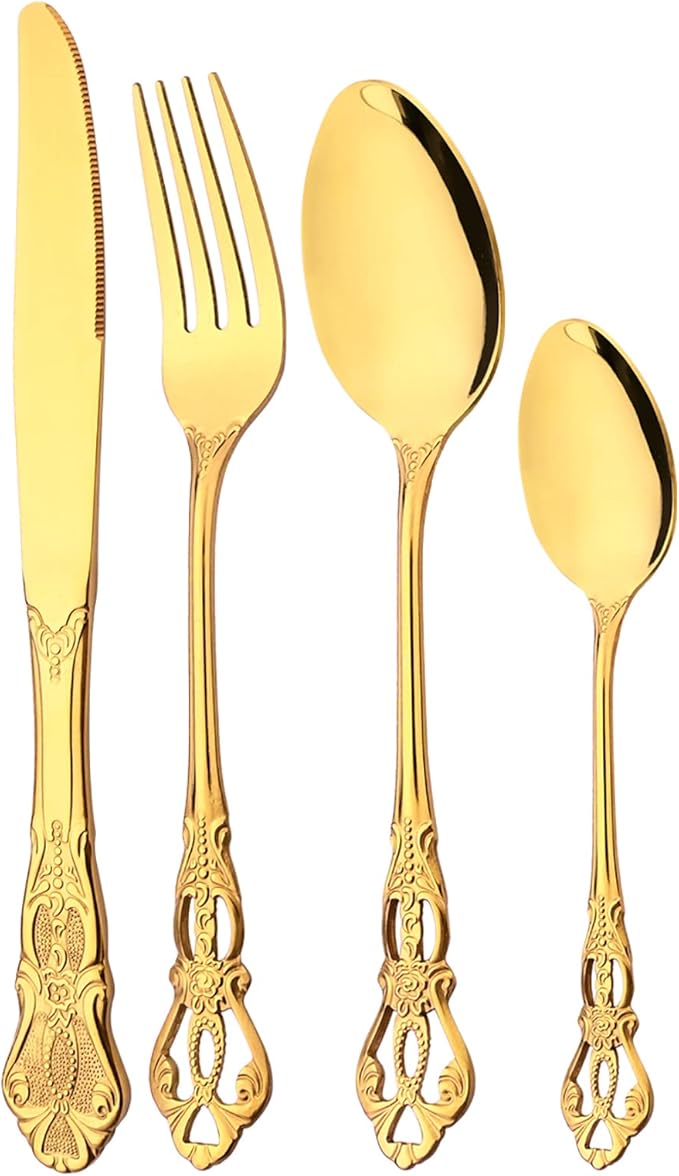 8-Piece Luxury Royal Silverware Set, 18/10 Stainless Steel Gold Flatware Set Service for 2, Tableware Cutlery Set Includes Forks Spoons Knives, Modern Design & Mirror Polished - Dishwasher Safe