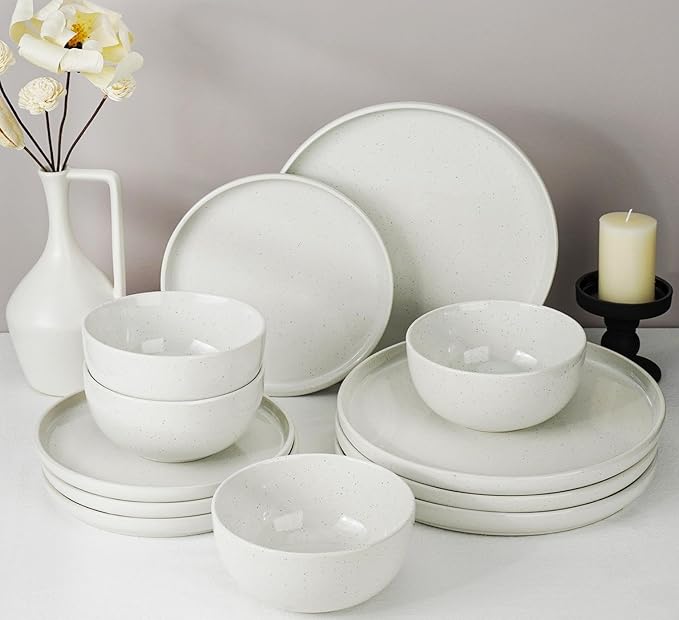 Kitchen Plates and Bowls Set Dinner Set for 4 Handpainted Dinner ware Sets, Microwave Safe Plates and Bowls Sets Stone Plate White Stoneware Scratch Resistant (Arctic Frost)
