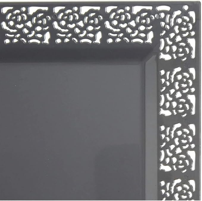 SILVER SPOONS Elegant Lace Plastic Serving Trays (6 PC), Disposable Plastic Trays and Platters for Party - 14” x 7.5”, Serves Snacks, Desserts, Sweets, Perfect for Upscale Wedding, and Dining - Silver
