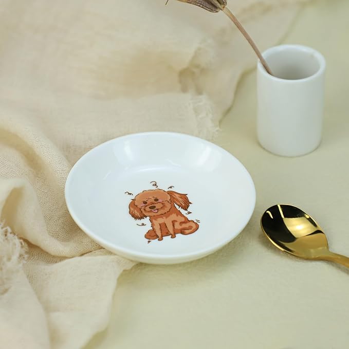 SOCOSY Super Cute Cartoon Animals Ceramic Sauce Dishes, Seasoning Dishes, Little Cat Dog Bird Feeding Bowls, Sushi Soy Dipping Bowls, Appetizer Plates, Dessert Plates, Set of 6-Cartoon Dog-3.5 Inch