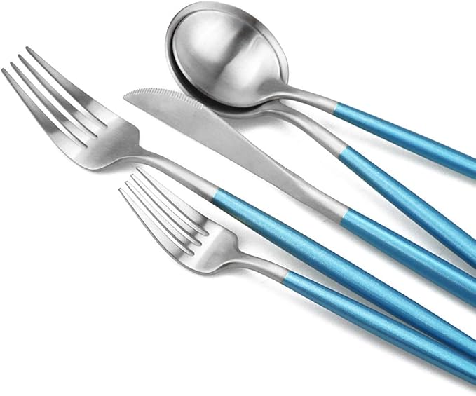 Gugrida Luxury Flatware, Royal 20 Piece Matte Blue Handle 18/10 Stainless Steel Tableware Sets for 4 Including Forks Spoons Knives, Camping Silverware Travel Utensils Set Cutlery (Blue Silver)