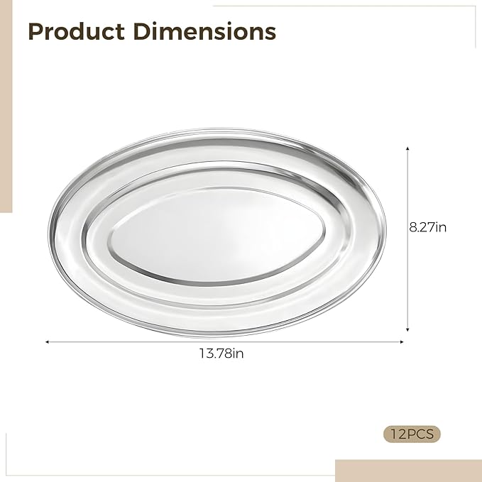 12PCS Stainless Steel Oval Platter, 13.2" Heavy Duty Mirror Polish Large Sizzling Steel Dinner Plates, Anti-rust Metal Dinner Plate for Steam