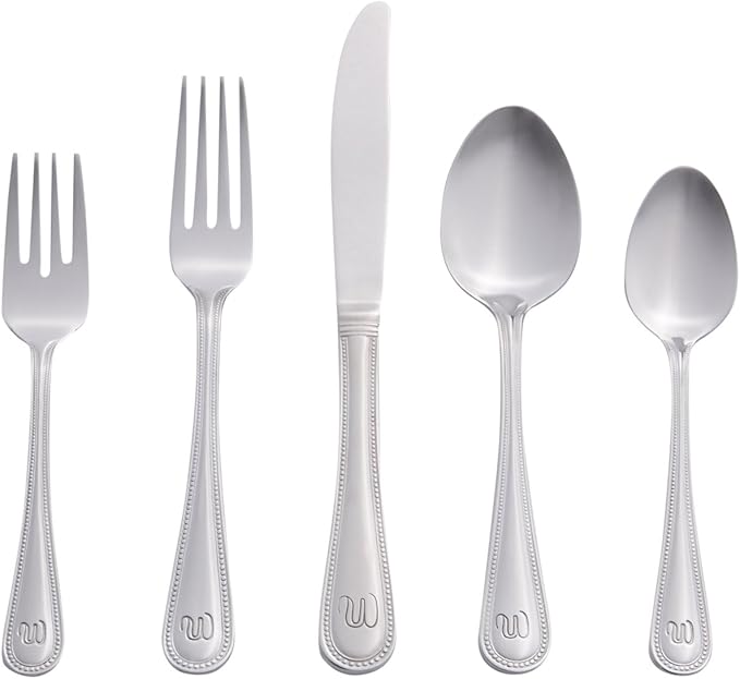 RiverRidge Monogrammed Beaded Flatware Set - W - 46-Piece Silverware with Custom Letter Stamp, 18/0 Stainless Steel Utensils Set for Daily Use & Special Occasions - Dishwasher Safe, Versatile Design