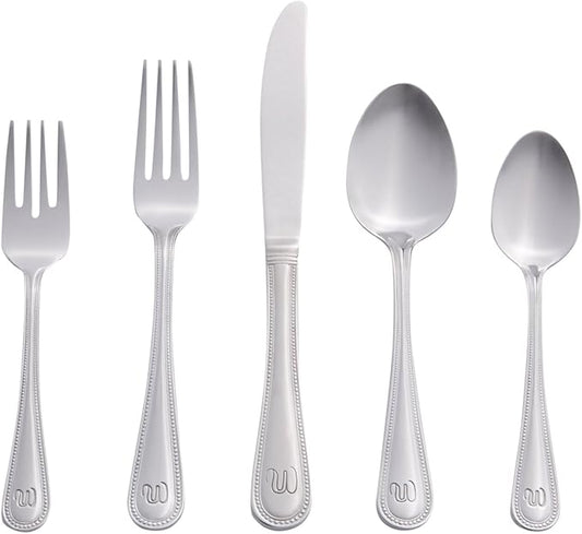 RiverRidge Monogrammed Beaded Flatware Set - W - 46-Piece Silverware with Custom Letter Stamp, 18/0 Stainless Steel Utensils Set for Daily Use & Special Occasions - Dishwasher Safe, Versatile Design