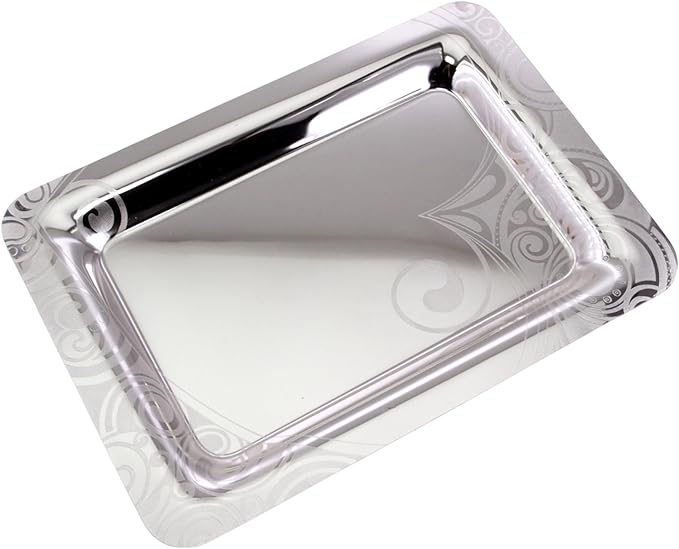 (Pack of 3) 15.7 inch x 11 inch Oblong Chrome Plated Serving Tray in Different Pattern Stylish Design Floral Engraved Iron Gold Edge Decor Wedding Dessert Buffet Platter Plate NC-017