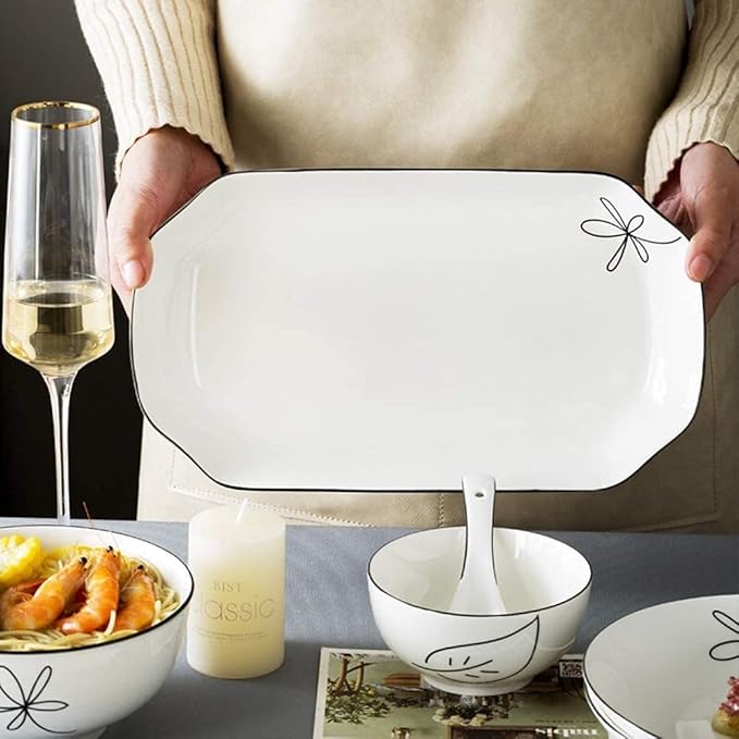 Dinnerware Set Dinner Party Tableware Service Set 60-Pieces Porcelain White Dinnerware Sets - Dinner Plates and Bowls Sets, Ceramic Dishes Set Service for 8/10/12, Creative Dinner Plates(56Pcs)
