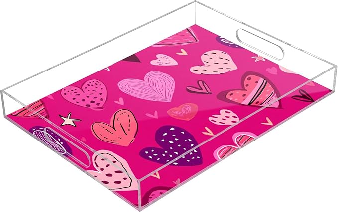 Serving Tray with Handles Clear Acrylic Tray 12x16 Inch Decorative Rectangular Tray Organizer for Ottoman Coffee Table Bathroom Hot Pink Doodle Hearts Stars