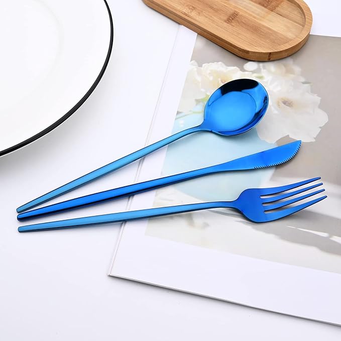 30Pcs Blue Simplicity Mirror Finished Cutlery Set, 18/0 Stainless Steel Daily Use Silverware Kitchen Home Restaurant Party Dessert Flatware Set Include Knife/Fork/Spoon, Service For 6
