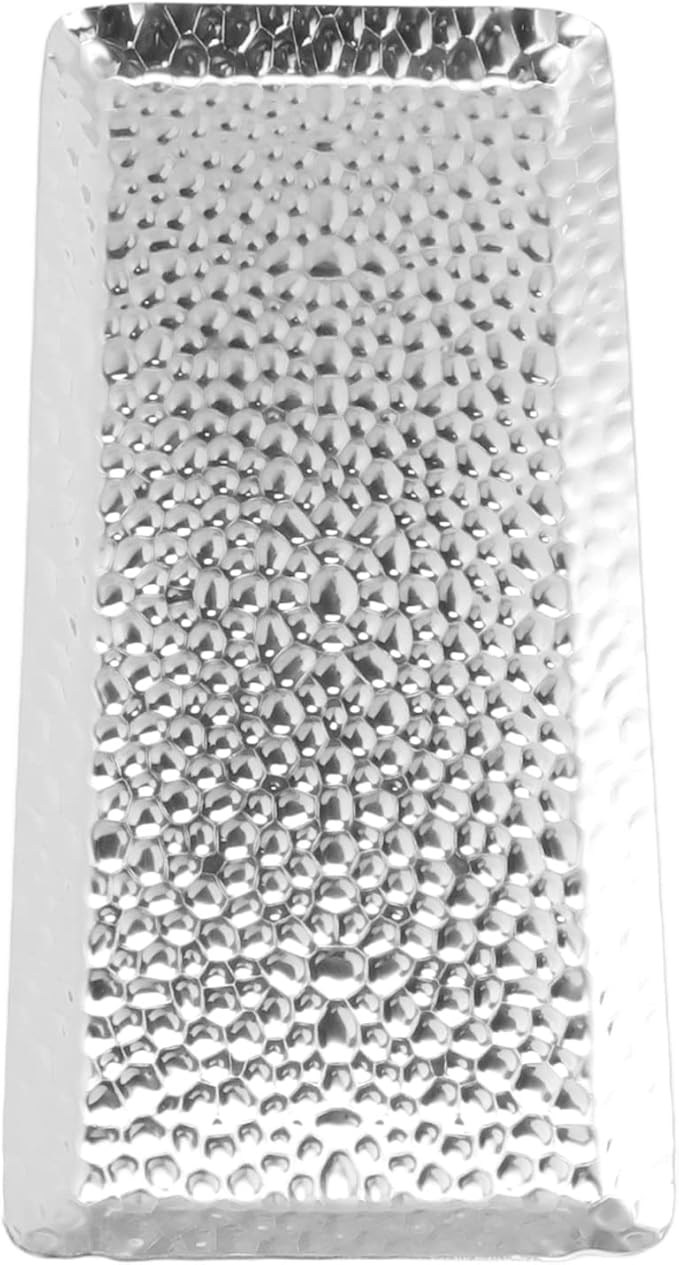 Metallic Towel Serving Tray Hammered Stainless Steel Dishwasher Safe Plate for Home Restaurant 25x11cm (Silver)