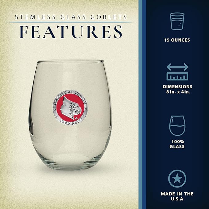 Heritage Pewter Louisville Cardinals Stemless Glass Goblets – Set of 2 | 15 OZ Goblet Wine Glasses | Expertly Crafted Pewter Glass