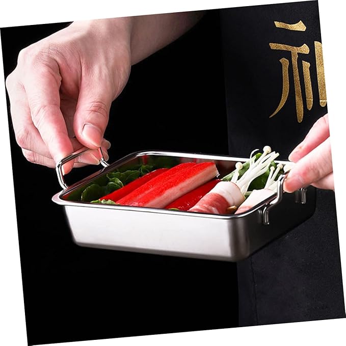 VOSAREA 1Pc Stainless Steel Food Tray with Handles Smooth Surface Snack Holder for Barbecue Fruits and Snacks Practical Silver Platter for Easy Serving