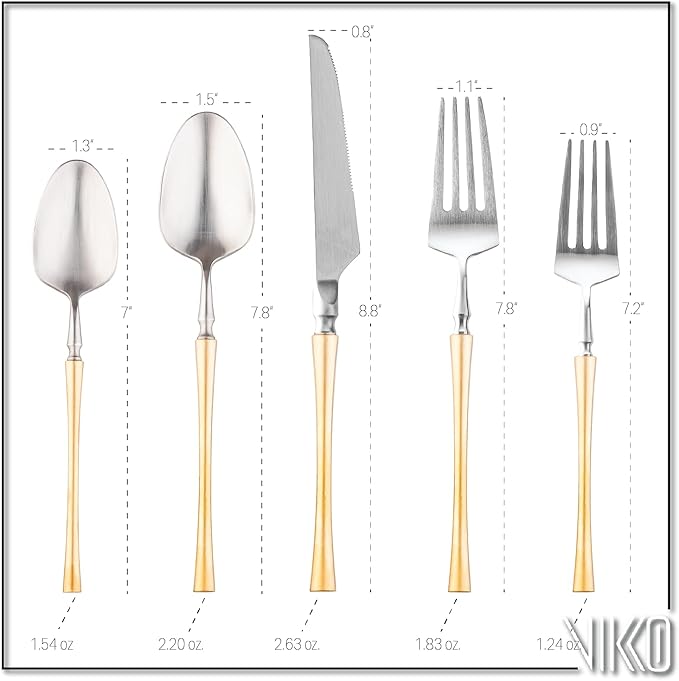 Vikko Decor Vintage Silverware Set: Brushed Silver and Gold Silverware- Luxury 18/10 Stainless Steel Flatware - Satin Matte Cutlery Set for Upscale Dining - 20 Piece Set - Service for Four (4)