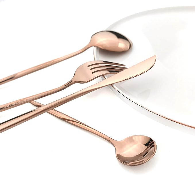 24Pcs Copper Mirror Silverware Flatware Set, 18/0 Stainless Steel Cutlery Set Utensils Kitchen Rose Gold Dinnerware Include Knife Fork Spoon and Teaspoon, Service for 4