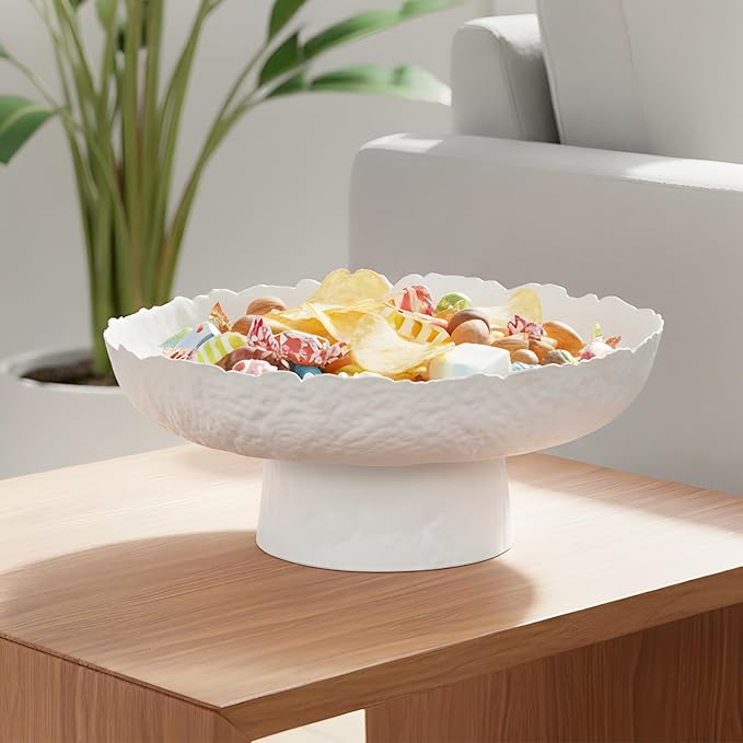 Large Glass Fruit Bowl for Kitchen Counter Decorative Centerpiece Bowl for Table Home Déco, White Hammered