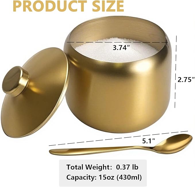 15oz Sugar Bowl with Lid And Spoon, Stainless Steel Sugar Creamer Container, Round Sugar Jar, Durable Sugar Pot for Coffee Bar Accessories, Coffee Bar Decor, Home and Kitchen Storage, Gold