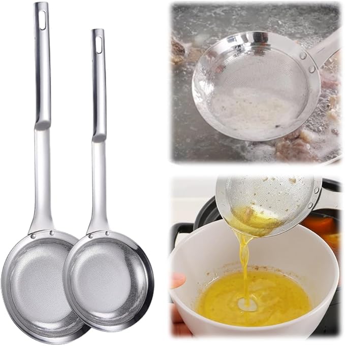Fine Mesh Stainless Steel Colander Spoon,2025 New Extra Fine Mesh Strainer with Handle,304 Stainless Steel Skimmer Spoon Kitchen Gadget for Filte Grease Foam (1, B Style, Large+Small)