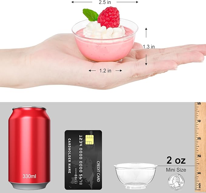 TOFLEN 100ct 2 oz Mini Plastic Dessert Cups, Clear Reusable Tiny Small Party Serving Bowls for Appetizers, Dips, Desserts, Mini Round Hors D'oeuvres Plates