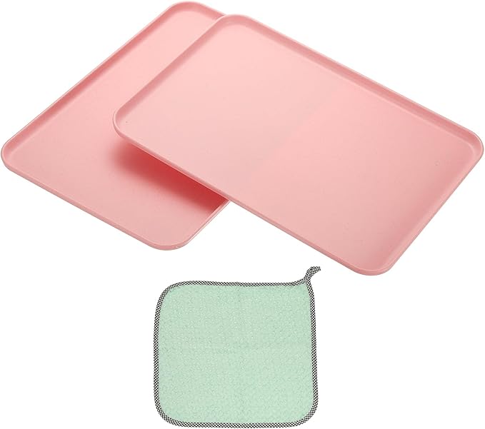PATIKIL 15x10.6 Plastic Tray, 2 Pack Rectangular Plates Food Tray Wheat Plates Dishes Reusable Dessert Plate Trays with Cloth for Cake Fruits Salad Cupcake Steak Serving Pink