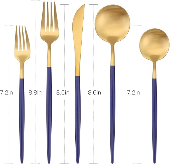 Matte Gold Silverware Set with blue handle, Bysta 5-Piece Stainless Steel Flatware Set, Kitchen Utensil Set Service for 1, Tableware Cutlery Set for Home and Restaurant, Satin Finish, Dishwasher Safe