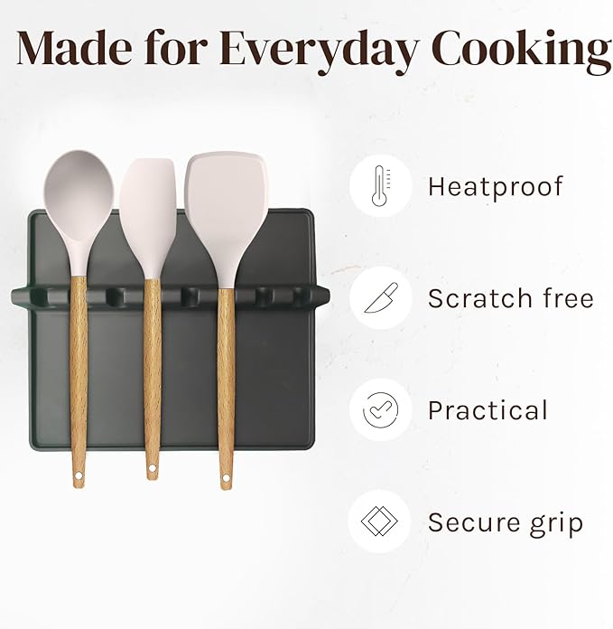 Cooler Kitchen Black XL Silicone Spoon Rest for Stove Top with Drip Pad - Heat-Resistant, BPA-Free Utensil Rest & Spoon Holder for Kitchen Counter - Grill Utensil Holder for Spatulas, Tongs, Ladles