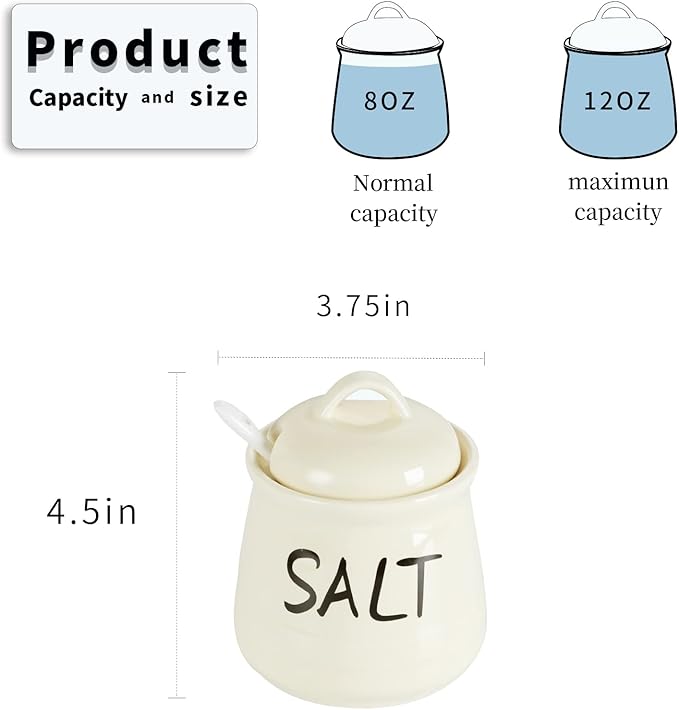 HAOTOP Salt Bowls with Lid and Spoon -12 oz Ceramic Salt Cellar, Salt Containers, Spice Box for Counter, Farmhouse Kitchen Decor, Beige