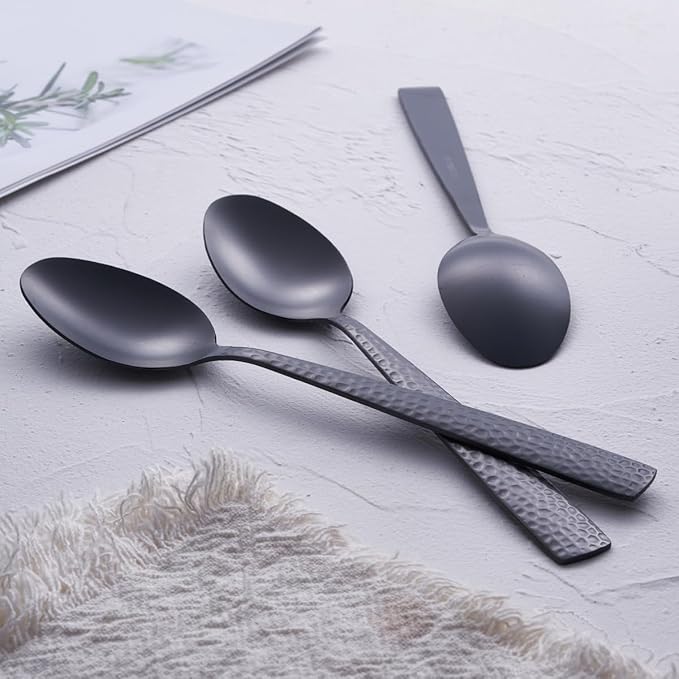 Matte Black 24 Pcs Silverware Flatware Set of 6, FULLYWARE Stainless Steel Hammered Tableware Cutlery Set, Includes Fork Spoon Knife for Home Kitchens, Dishwasher Safe
