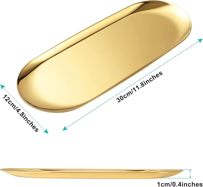 Golden Oval Stainless Steel Tray (30cm x 12cm) – Mini Coffee Table Tray for Jewelry, Cosmetic & Candle | Full Mirror-Polished Surface with Vacuum Coating – No Fading, No Discoloration