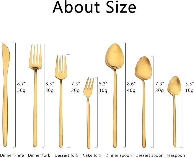 JASHII Modern Silverware Set - 20 Pieces Cutlery Set Matte Gold - Brushed 304 Stainless Steel Flatware Set - Narrow and Long Handle - for Home Dinner and Restaurant