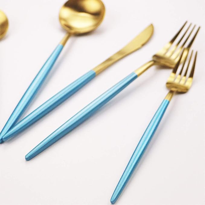 Gugrida Blue Gold Flatware, Royal 40 Pieces Matte Blue Handle 18/10 Stainless Steel Cutlery Sets for 8 Including Forks Spoons Knives, Camping Silverware Travel Utensils Set Tableware