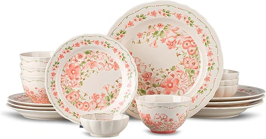 16 Piece Dinnerware Sets for 4， Scratch Resistant,microwave oven and Dishwasher Safe Plates and Bowls Sets Ceramic, Dish Set, Bowl and Plate Set -Pink peach blossom pattern