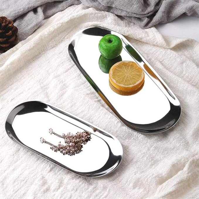 Serving Tray Oval Stainless Steel Tray Fruit Trays Storage Tray Serving Plate Cosmetics Jewelry Decorative Organizer for Coffee, Dessert, Fruit.-Gold||Small