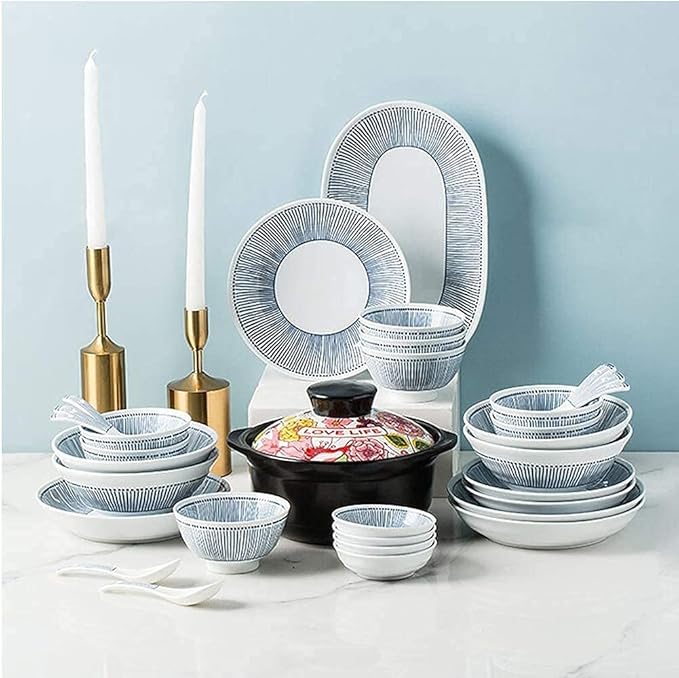 Dinnerware Set,White Porcelain Dinnerware Set with Blue Line Stripes, Ceramic Plates and Bowls Sets, Unique Dish Set for Parties or Everyday Use,Service for 8