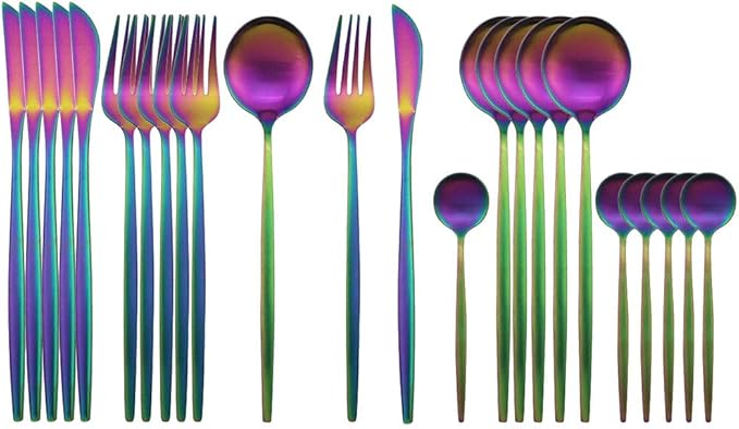 JASHII Silverware Metal Utensils Group Serves 6, Kitchen 24-piece Flatware Cutlery Set Stainless Steel, Modern Elegant Tableware Set for Party, Christmas, Dinner(Matte Rainbow)