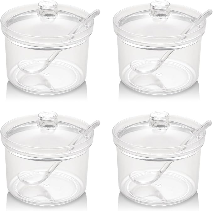 Set of 4 Acrylic Sugar Bowl with Lid and Spoon, Clear Sugar Jar with Lid And Spoon, Cute Jars for Sugar, Salt, Tea, Condiment Server- 13oz