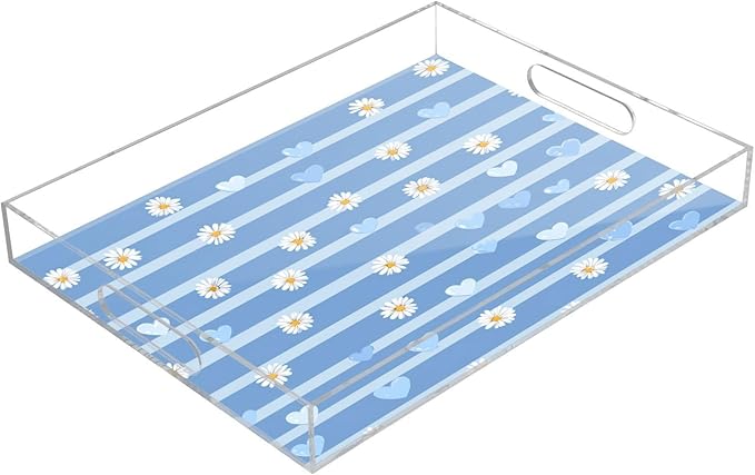 Serving Tray with Handles Clear Acrylic Tray 12x16 Inch Decorative Rectangular Tray Organizer for Ottoman Coffee Table Bathroom Blue Striped Hearts and Daisy