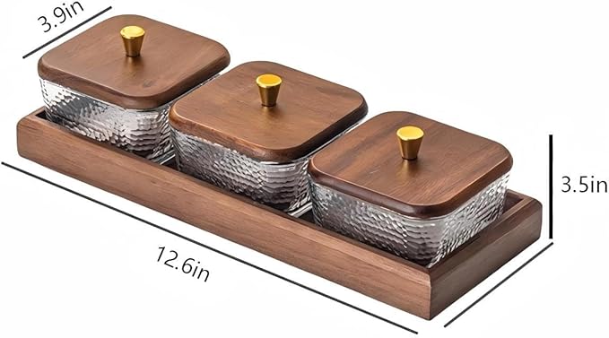 Premium Walnut Snack Tray with Lid, Glass Divided Fruit & Nut Bowl Set, Wooden Coffee Table Serving Tray for Candy, Dried Fruit, Desserts, Condiments, Charcuterie & Home Entertaining (3)