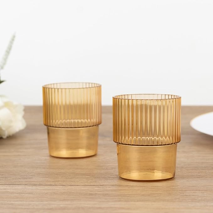 TCF Linen 12 Pack Amber Gold Plastic Tumblers, 7oz Stackable Ribbed Reusable Shatterproof Short Drinking Glasses, Elegant Origami Design for Weddings Parties Catering Cocktails