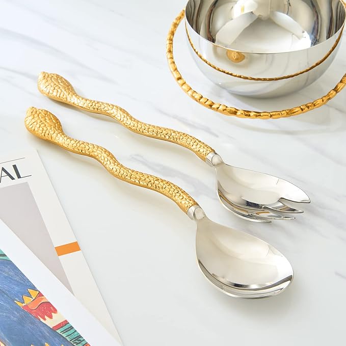Gold Serpent Snake Salad Servers Brass & Stainless Steel, CNY Year of the Snake, Fork & Spoon Set, Two Tone Ideal for Weddings, Dinner, Elegant Flatware, Housewarming, Stainless Steel Mirror Polished