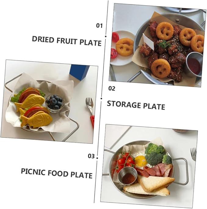 Garneck Stainless Steel Snack Plate with Double Handles Decorative Serving Tray for Parties Microwave-safe Anti-scalding for Desserts Salads and Afternoon Tea