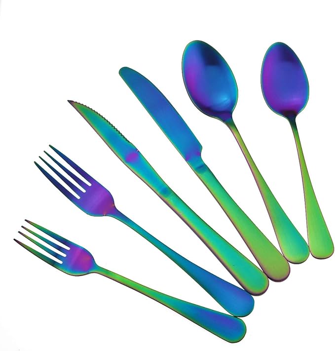 Gugrida 24-Piece Titanium Rainbow Plated Stainless Steel Flatware Set, Travel Cutlery Include Knife Fork Spoon Service for 4,Healthy & Eco-Friendly Silverware - Matte Elegant Modern Eating Utensils