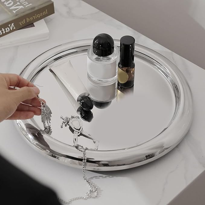 Ymiko Stainless Steel Round Serving Tray, 35cm Mirror Polished Rustproof Circular Serving Platter with Elegant Silver Finish, for Drinks Snacks Desserts Home Decor
