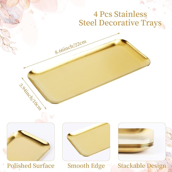 4PCS Stainless Steel Serving Trays Gold Trays for Decor 8.66 X3.82 Inches Rectangle Serving Vanity Tray Small Jewelry Makeup Decorative Storage Platter for Party Buffet Sushi Snack Tea Fruit