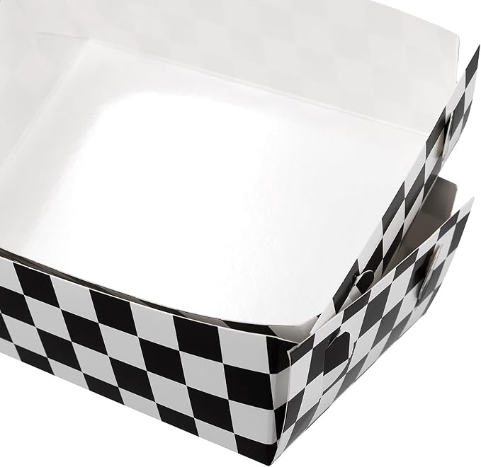 100 PCS Black White Checkered Disposable Paper Food Trays, Leak-Proof Party Food Boats for Truck Sports Event Outdoor Activities