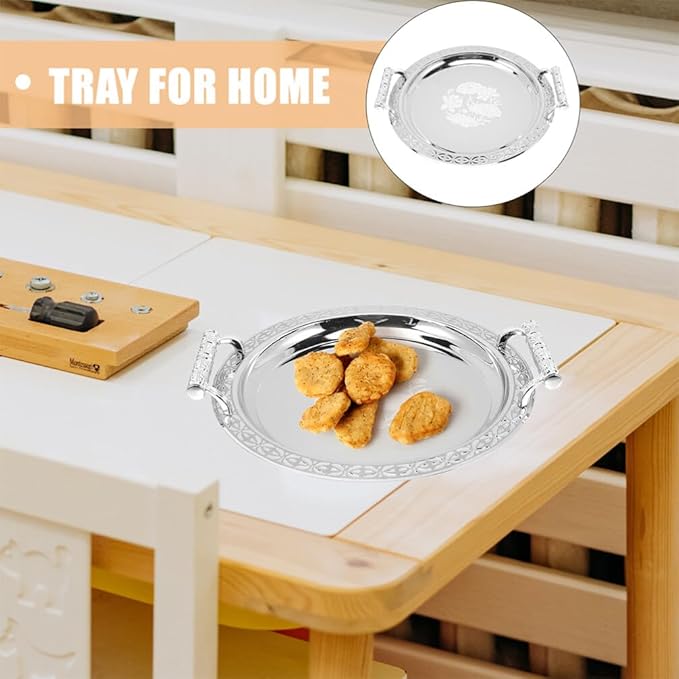 Zerodeko Stainless Steel Tea Tray Tea Serving Platter with Handles European Serving Tray Round Dinner Plate Retro Fruit for Food Fruit Coffee Silver
