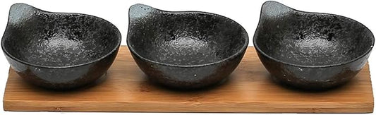 Appetizer Plate Ceramic Soy Sauce Dishes Set of 3 with Tray Japanese Style Soy Vinegar Dipping Plate Seasoning Saucer Condiment Dish Ketchup Dipping Bowls Snack Plate Sau