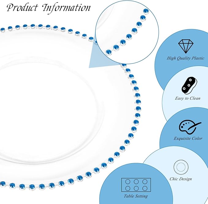 24 Pack Clear Charger Plates with Beaded Rim, 13 Inch Plastic Chargers for Dinner Plates Acrylic Round Tabletop Decoration for Home Kitchen Catering Wedding Table Event Party Dinner (Blue)