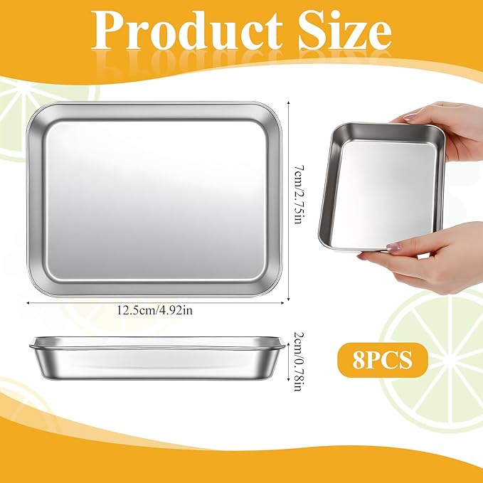 8 Pack Small Stainless Steel Plate 7''L x 5''W Metal Baking Sheet Set Stainless Steel Surgical Tray for Oven, Food Safe Smooth Polished for Campers, Hand Project Medical Instruments, Tattoo, Surgical
